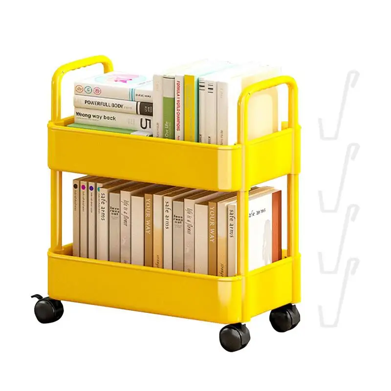 2 Tier Movable Bookshelf Cart Under Table Storage Shelf With Wheel 2-Layer Mobile Book Cart Organizer Bookshelves for Kids