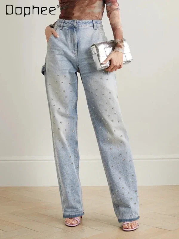

2025 Spring New Heavy Industry Beaded Straight Pants High Waist Fashion Temperament Versatile Denim Trousers Tide Wide Leg Pants