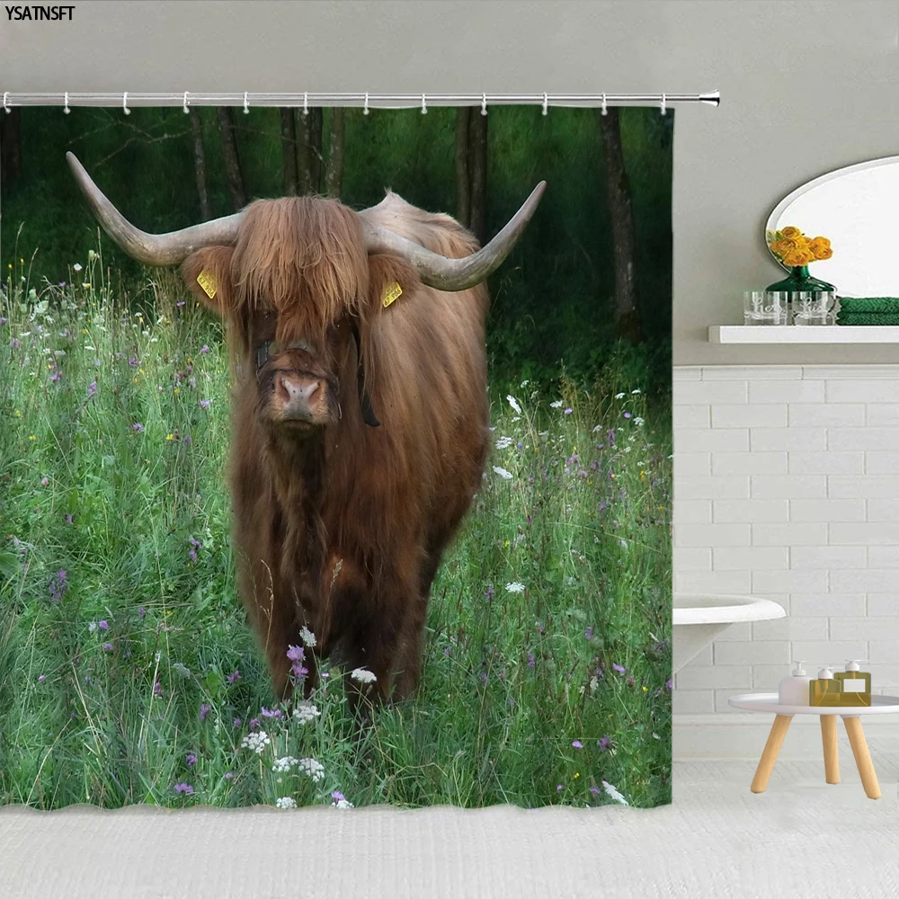 

Highland Cattle Shower Curtain Bull Field Flower Farmhouse Animal Fabric Bathroom Decor Bath Courtain Accessories Set with Hooks