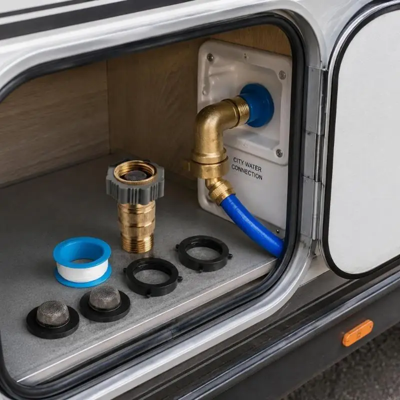 M76E Wasseranschluss-Regler-Set aus Messing mit 90-Grad-Winkeladapter, Gartenschlauch-Gewindeanschluss, Dichtungsband – Detail 4