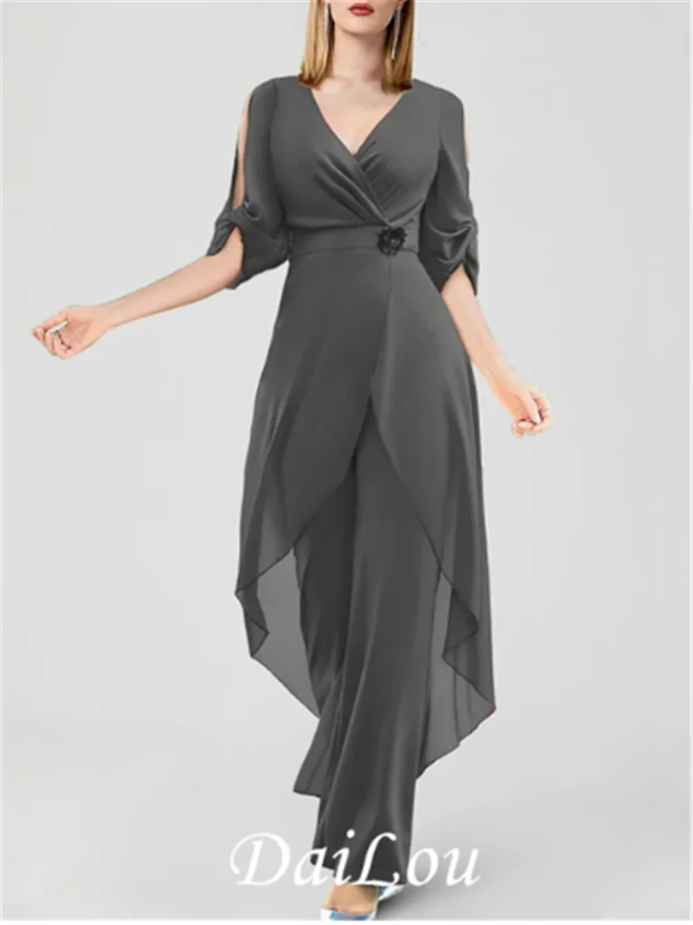 

Jumpsuits Wedding Guest Dresses Elegant Dress Formal Floor Length Half Sleeve V Neck Fall Wedding Guest Chiffon with Ruched 2024