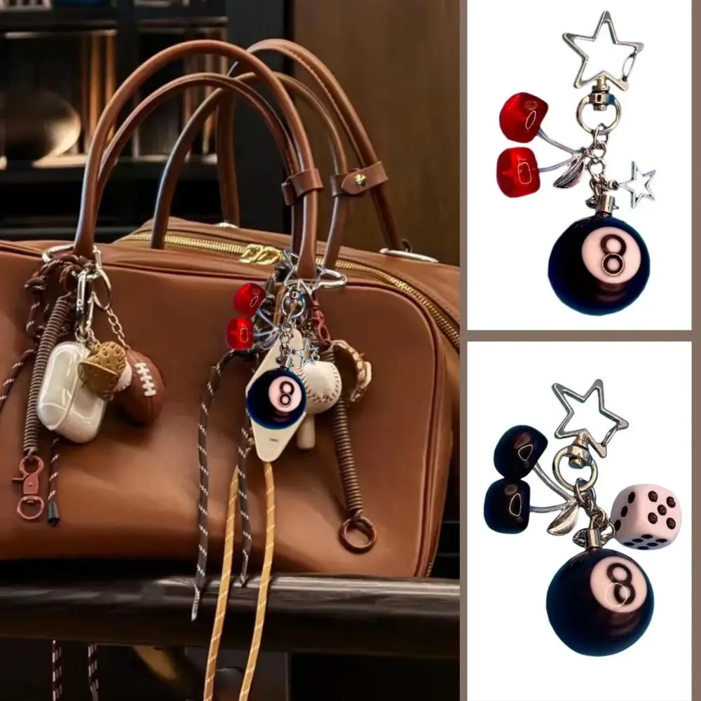 Y2K Jewelry Black 8 Ball Fruit Cherry Dice Star Keychain Phone Pendant Chain Handmade Creative Keyring Accessories for Women Men