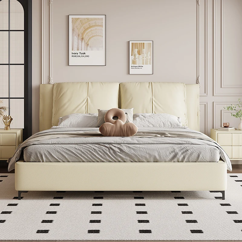 Master Bedroom Double Bed Solid Wood Bed 2 People Furniture Modern Minimalist Italian Gentle Style Nappa Leather Full Backrest