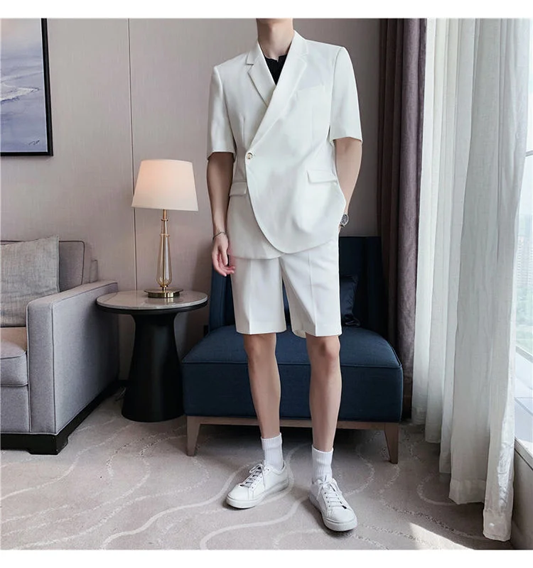 Latest Coat Pant Designs Casual Men's Shorts suits Sets Summer Korean double breasted Slim Trend Handsome Short Sleeved men Suit