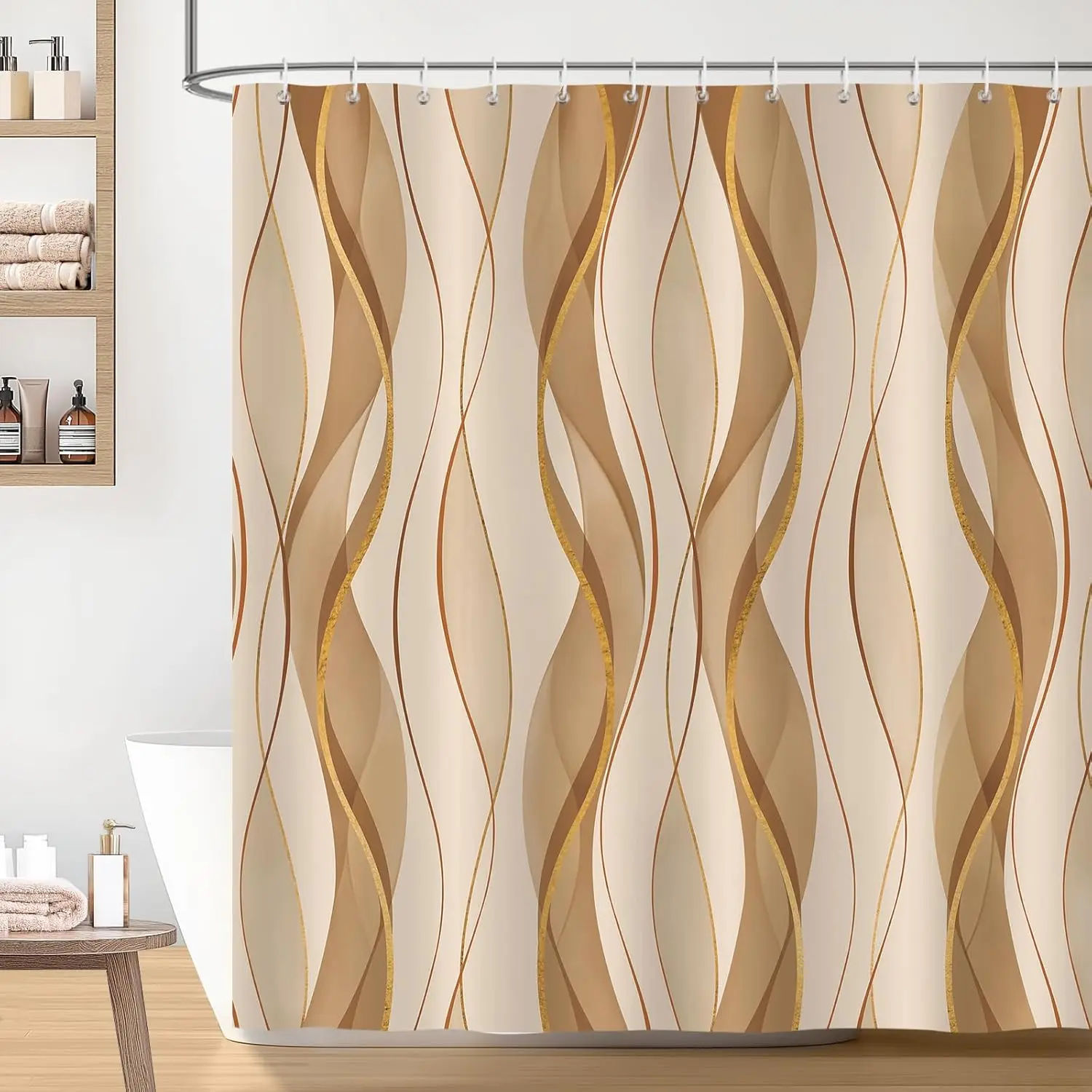 Eleganter Beige & Gold Wellenlinien-Duschvorhang, Modernes Abstraktes Muster Wasserdichter Stoff-Badvorhang mit Haken für Wohndekoration