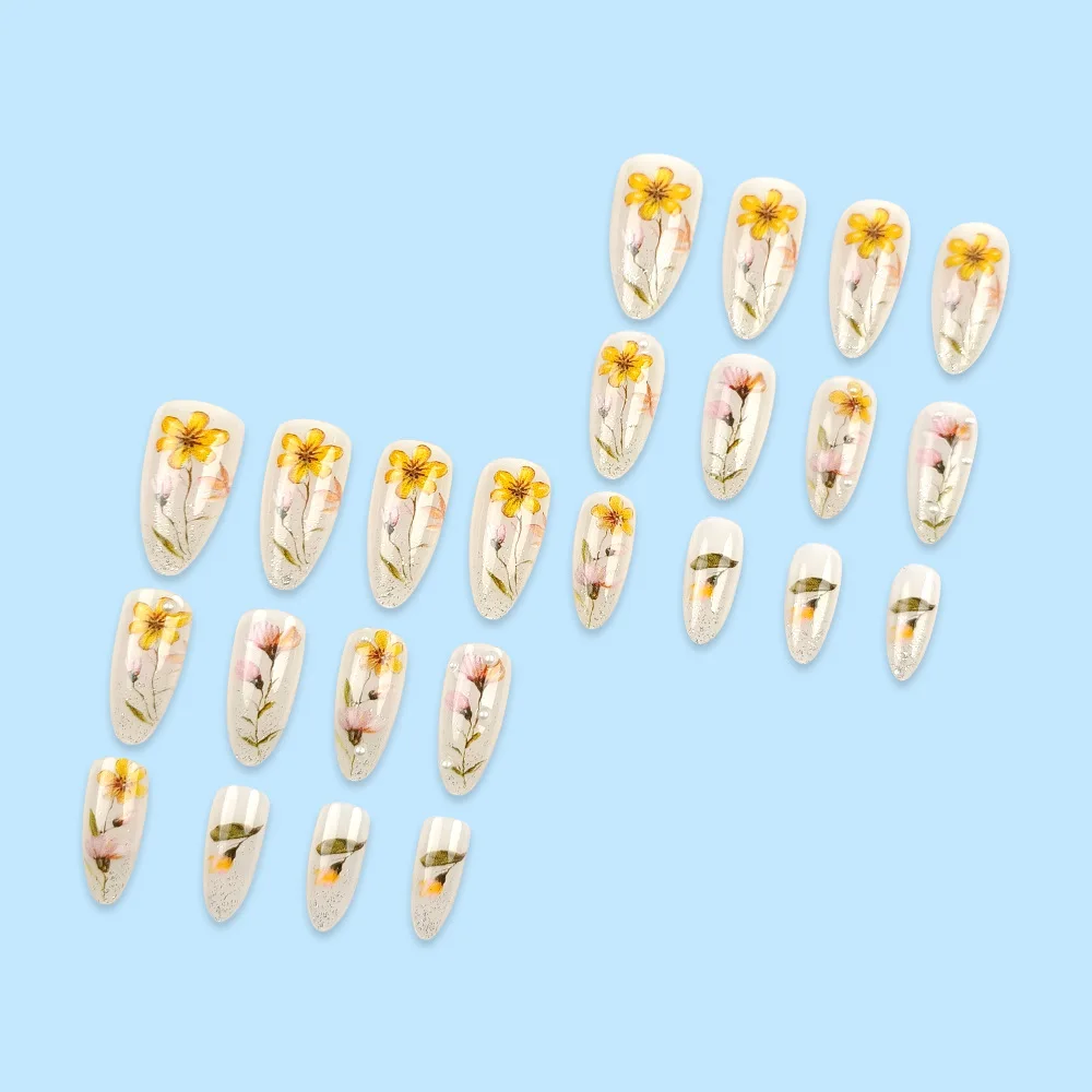 24 pezzi 2025 fiori adesivo riutilizzabile stampa su unghie acriliche glitter perle punte per unghie per unghie unghie finte con design all'ingrosso
