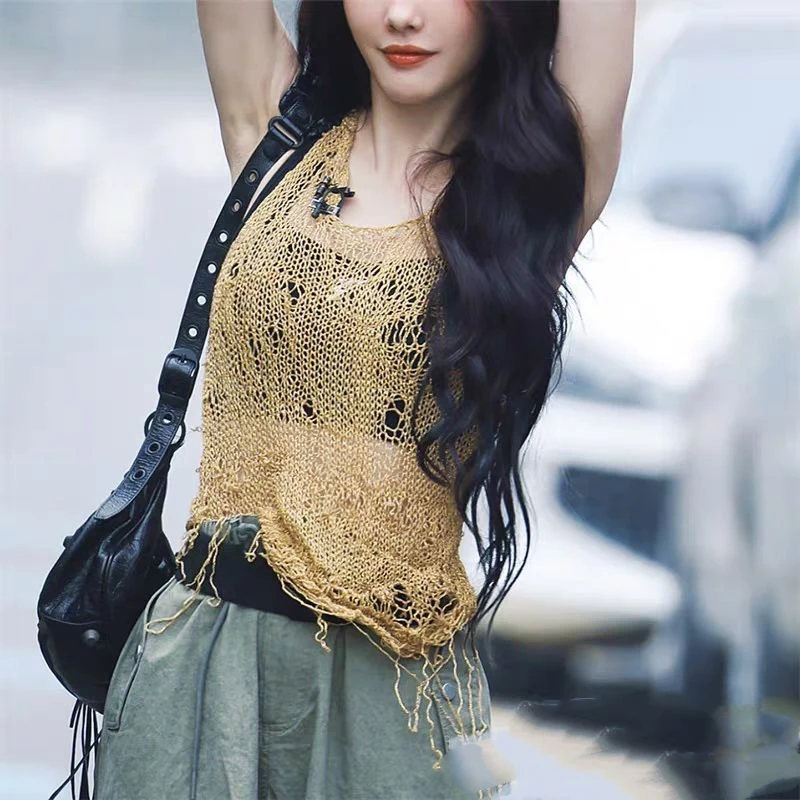 

Sexy Retro Hollow Out Ripped Hole Women Tank Top Summer Pure Lust Wind Fashion All-match Simple Vest Smock Street Dating Travel