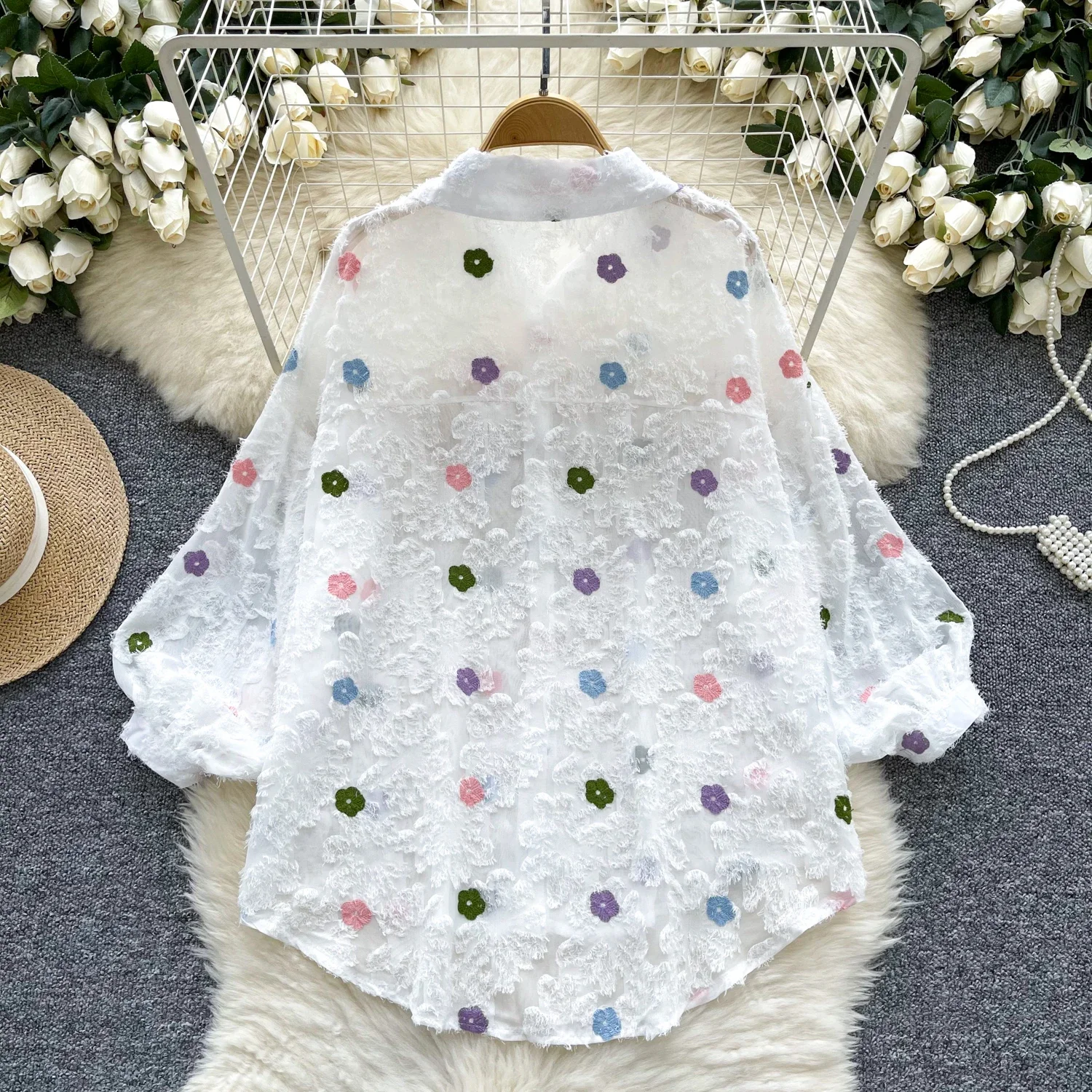 Vintage Long Puff Sleeve Casual Mesh Embroidered Hollow Out Shirt Slim Basics Floral Chic Women High Street Streetwear Blouse