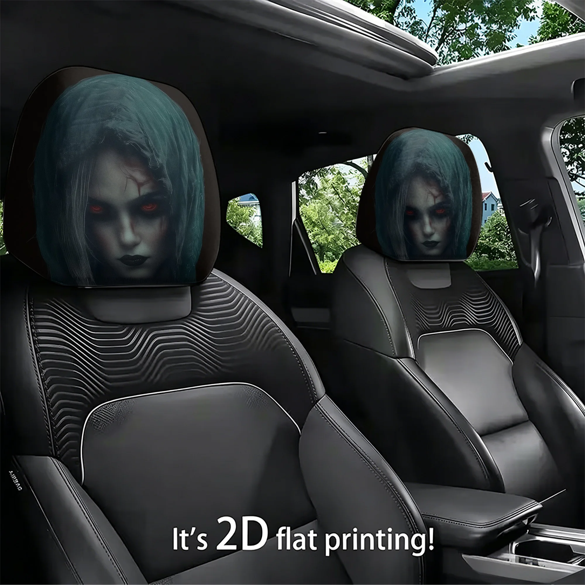 2pcs Gothic Hooded Girl Car Headrest Covers—bring a spooky, dark style to your car’s interior. Not filled. Easy to install.