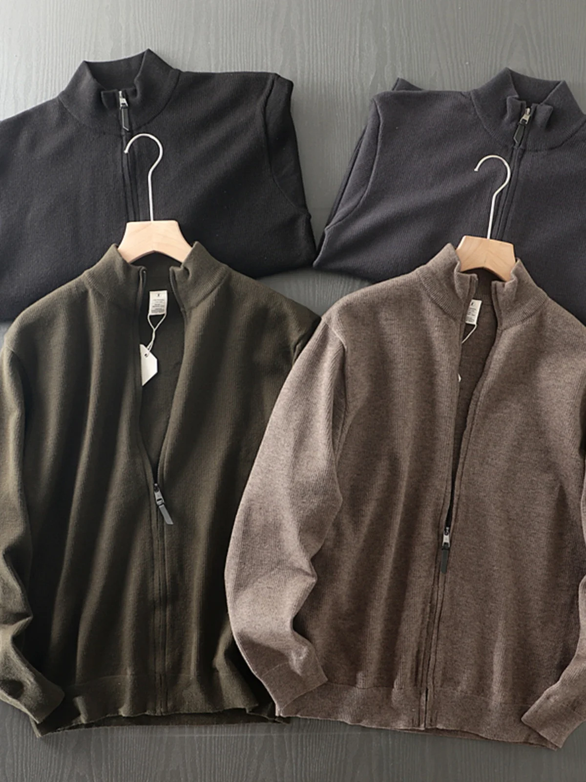 

High-End Fabric Zip-Up Knitted Cardigan Coat Men's Casual Autumn Winter Sle Stand Collar Youthful Vitali Pure Color