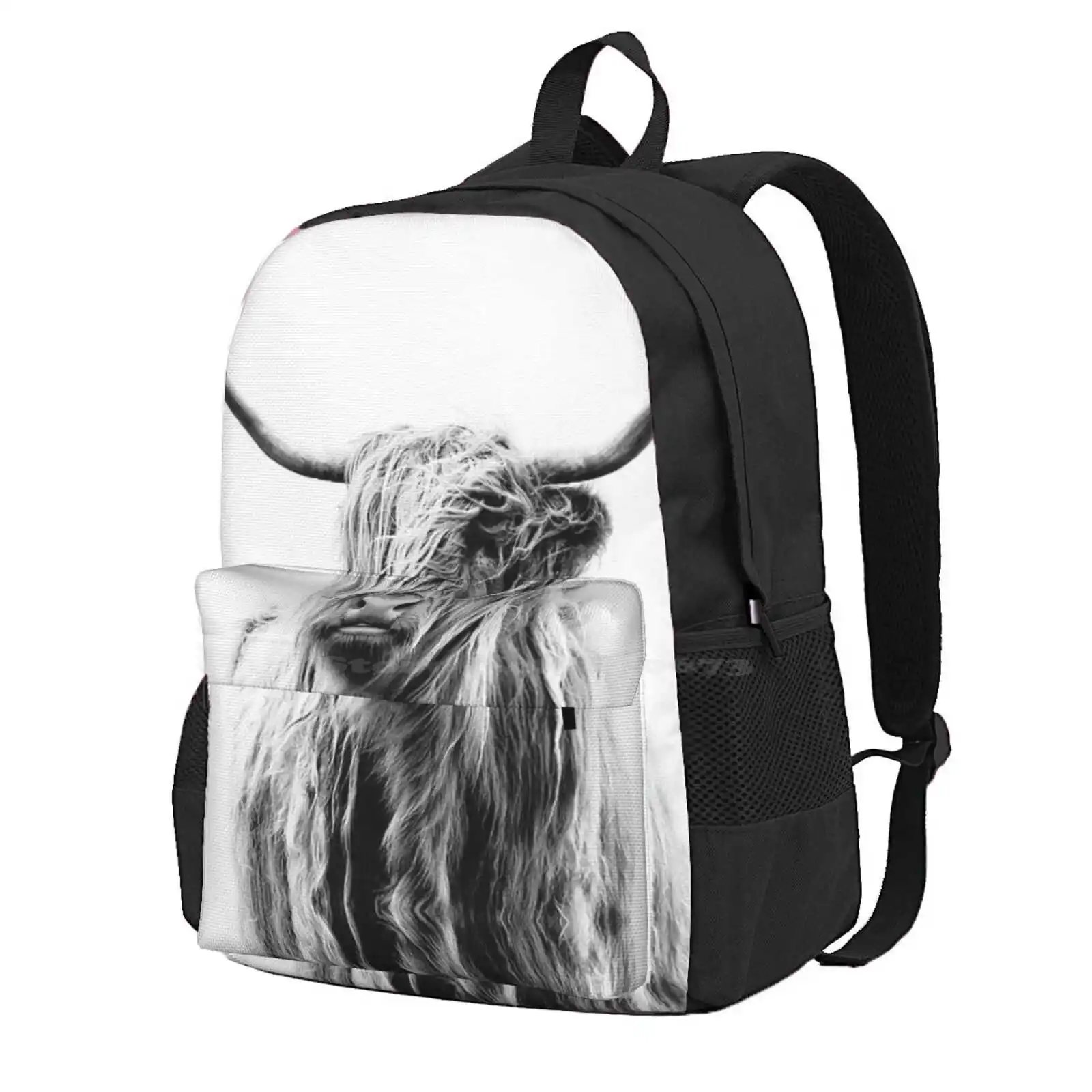 B+W Highland Cow Hot Sale Schoolbag Backpack Fashion Bags Highland Cow Black And White Animal