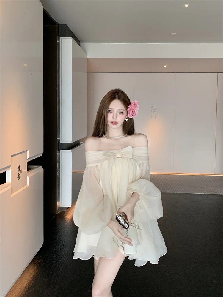 Women\'s French Bow Off Shoulder Chiffon Dress Long Lantern Sleeves A-line Short Party Dresses New Summer Princess Dress