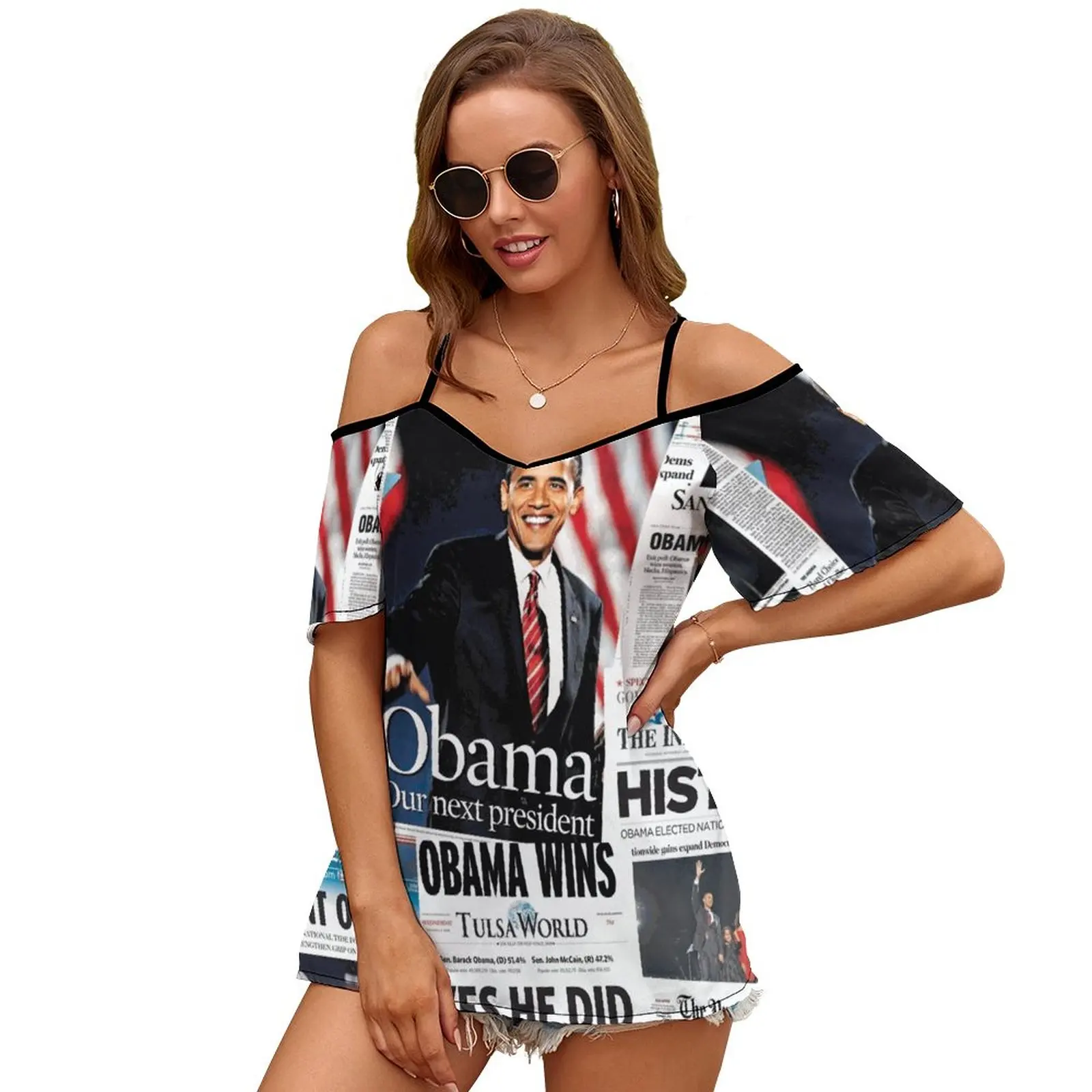 Obama 2008 Commemorative Front Pages Women Short Sleeve Tops O-Neck Hollow Out Shoulder Strap Tees Streetwear Obama Barack