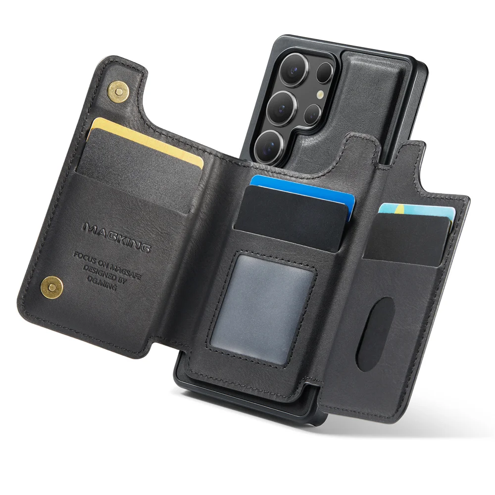 حافظة محفظة مغناطيسية 2 في 1 لهاتف سامسونج S25 S24 S23 Ultra مع حامل بطاقة من جلد البولي يوريثان ومسند قابل للفصل