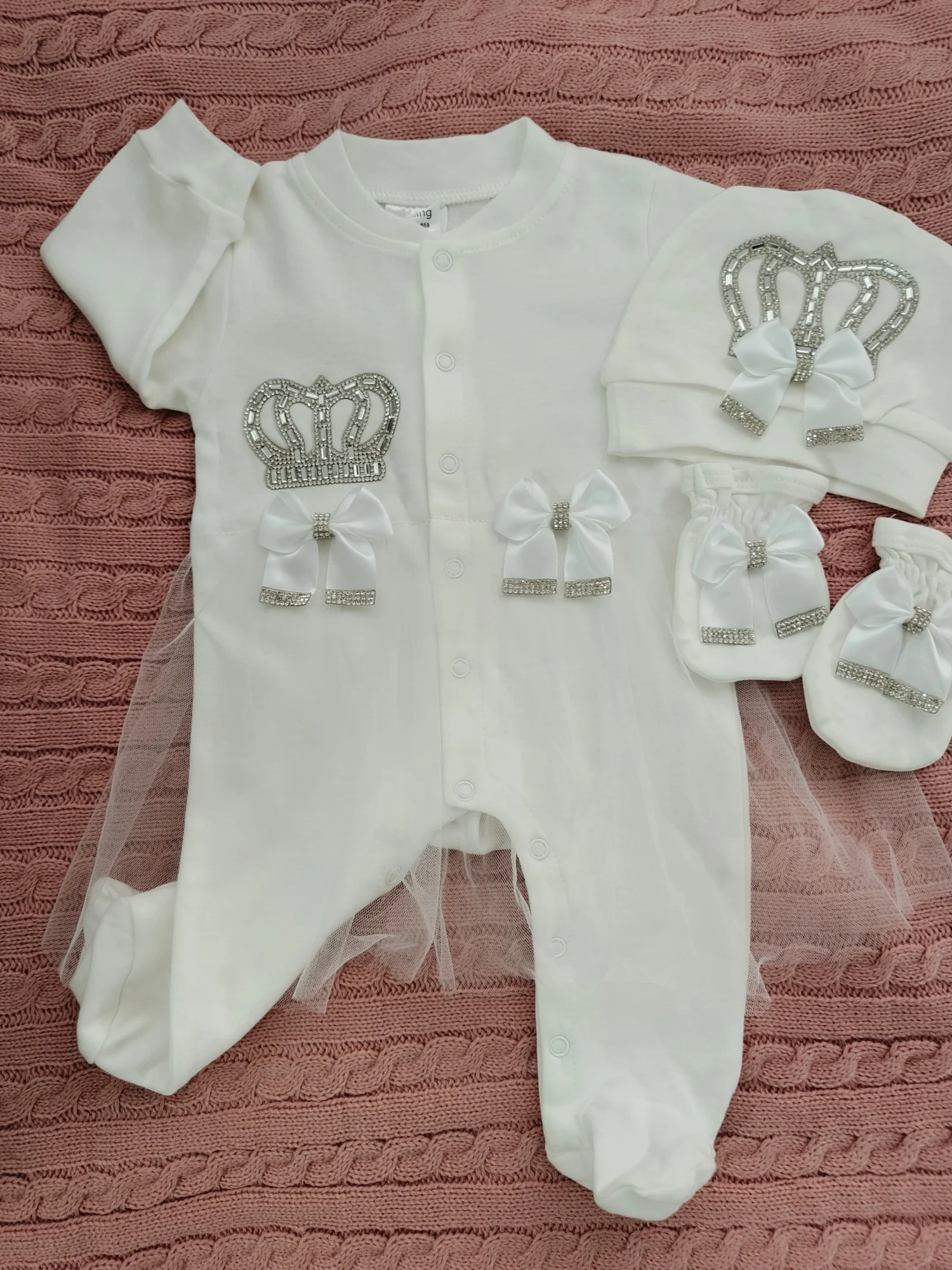 Luxury Pure Angel Princess Baby Girl Romper 0-9 Months 3Pcs Pure White Satin Bow Rhinestone Crown Tulle Boutique Baptism Gift