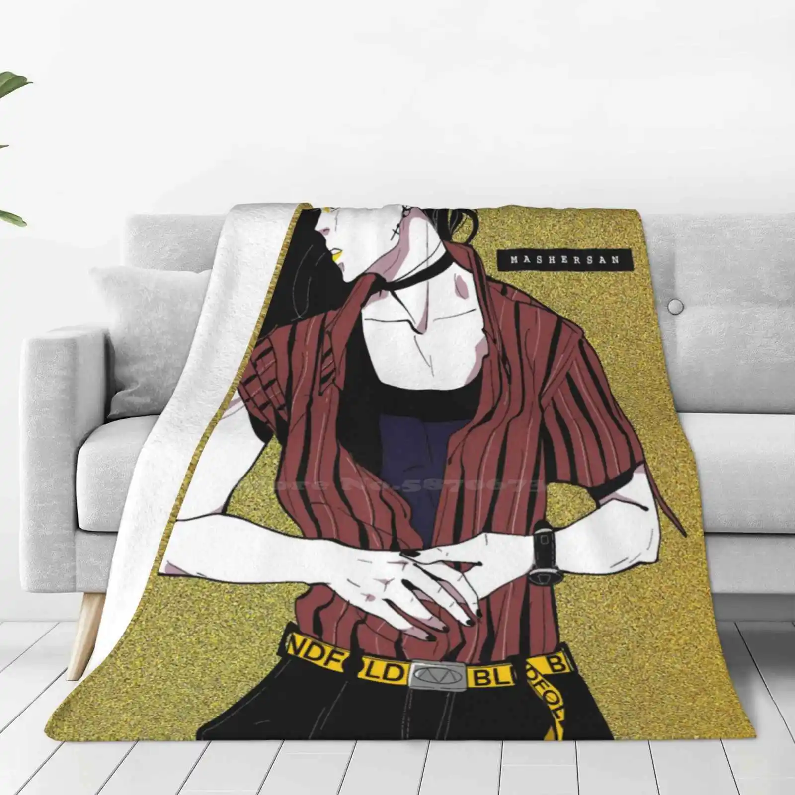 Mitsu Blindfold Mashersan Gold Background Super Warm Soft Blankets Throw On Sofa/Bed/Travel Mitsu Blindfold Mashersan Manga