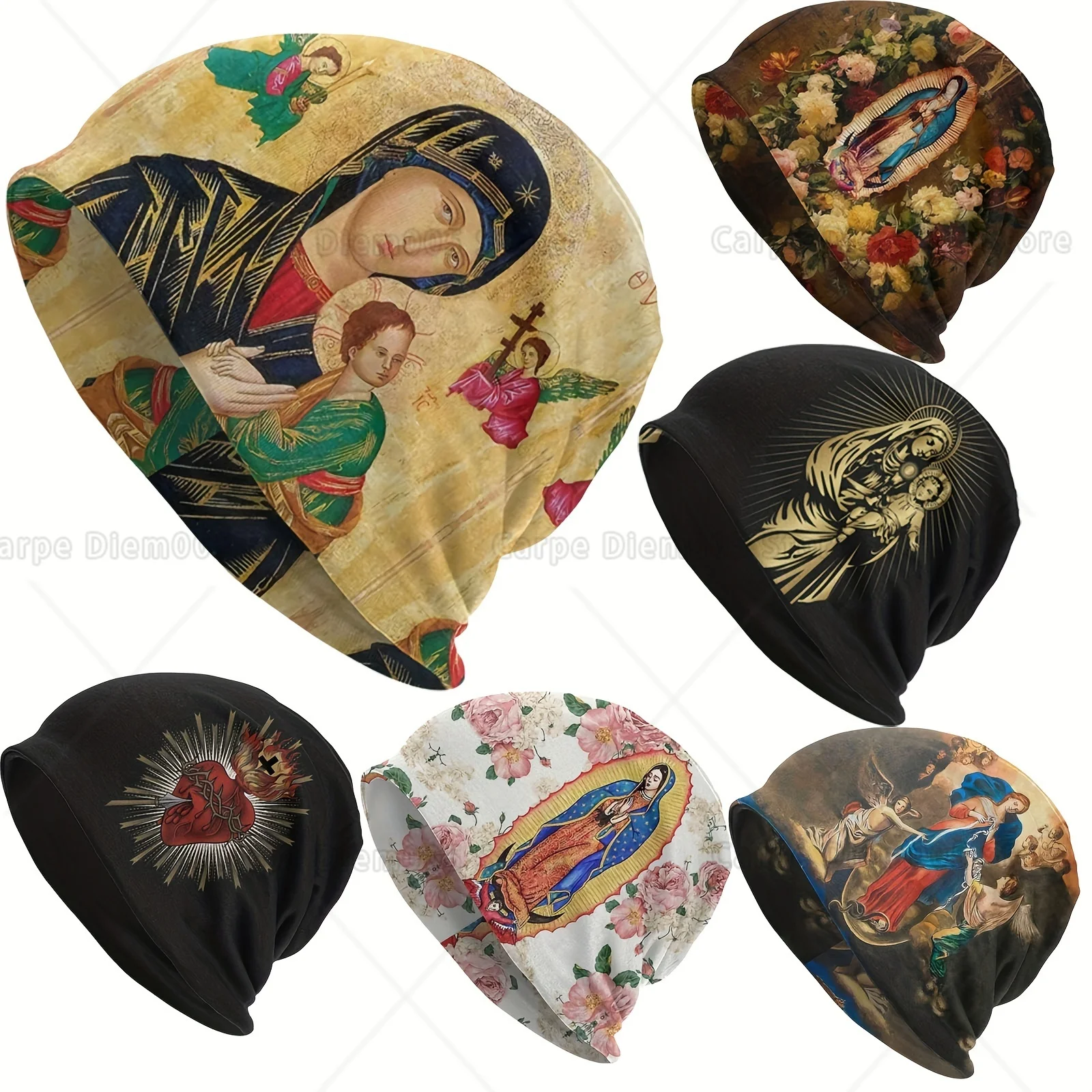 

Warm Polyester Blend Vintage-Inspired Jesus & Virgin Mary Christian Hip Hop Beanie - Skull Cap for Men