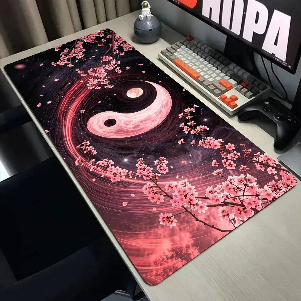 Taiji Cherry Blossoms Mouse Pad Desk Mat with Stitched Edge XXL Mousepads Rubber Anti-slip Gamer Keyboard Rug Gaming Mats