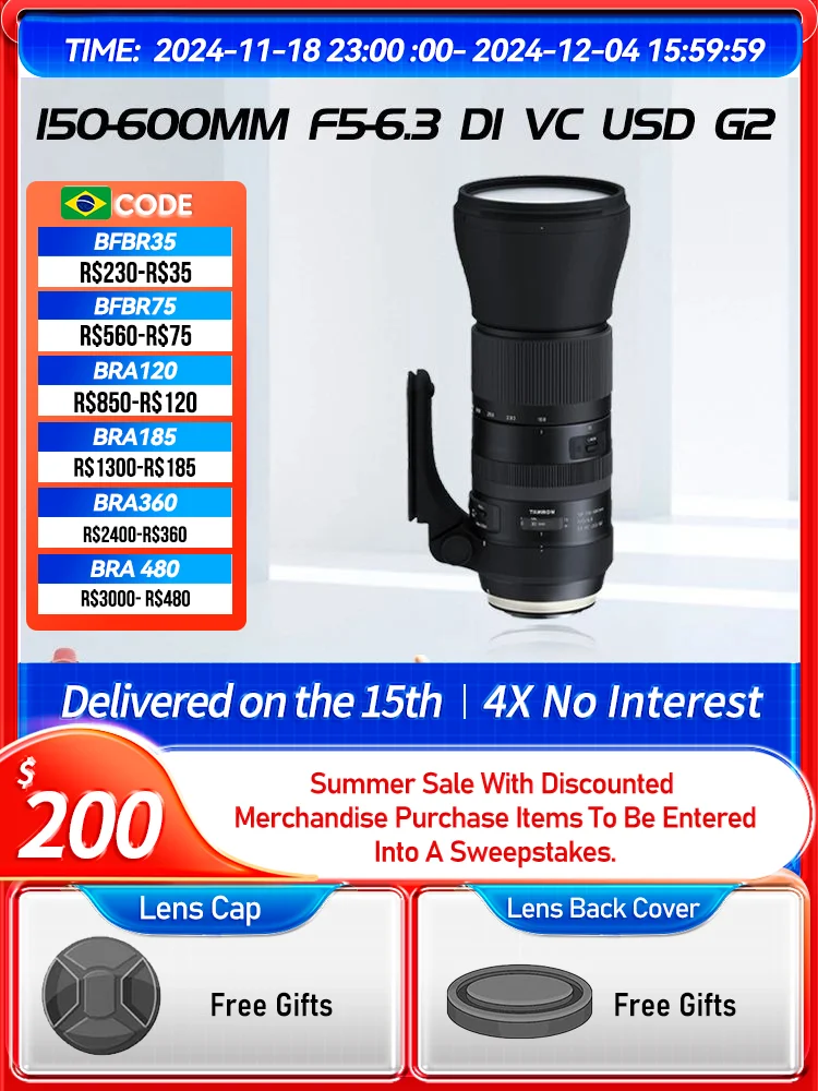 Tamron SP 150-600mm F5-6.3 Di USD G2 Full Frame Zoom DSLR Camera Lens for Nikon D780 D850 Canon 6D II 5D IV 150 600 5-6.3（Used）