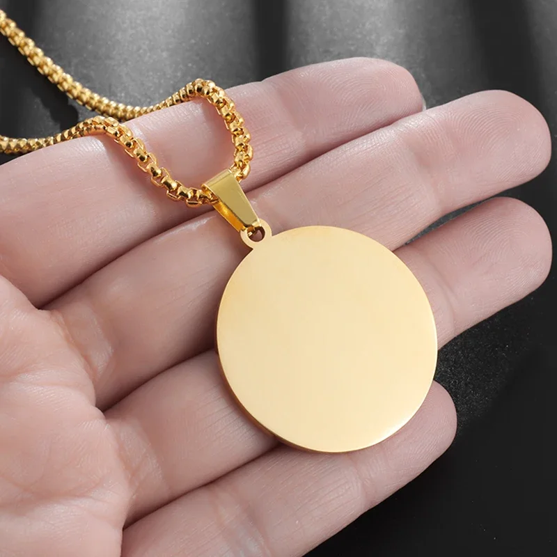 Stainless Steel Polished Round Dog Tag Pendant Necklace for Men and Women Fashion Casual Engraving Diy Decoration Gift