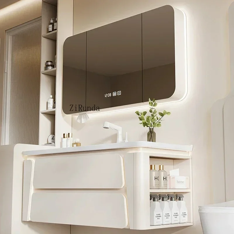 Armário de banheiro estilo creme nórdico, simples, cerâmica, integrado, espelho de banheiro, móveis da moda, baño fisbc