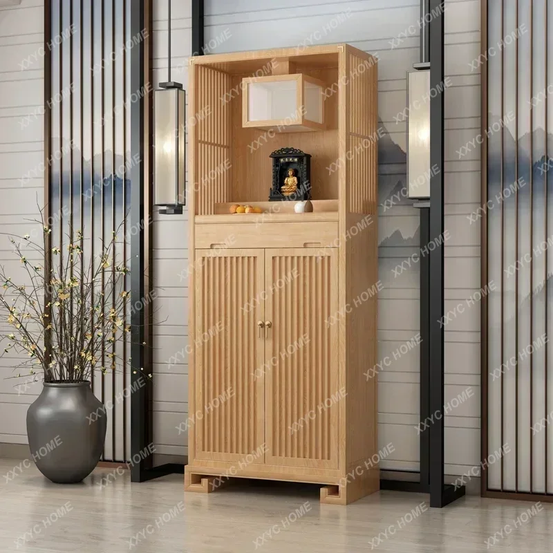 X-S  Chinese Zen Solid Wood Buddha Niche Clothes Closet Double Door Living Room Worship Table Home Wall Mount Cabinet