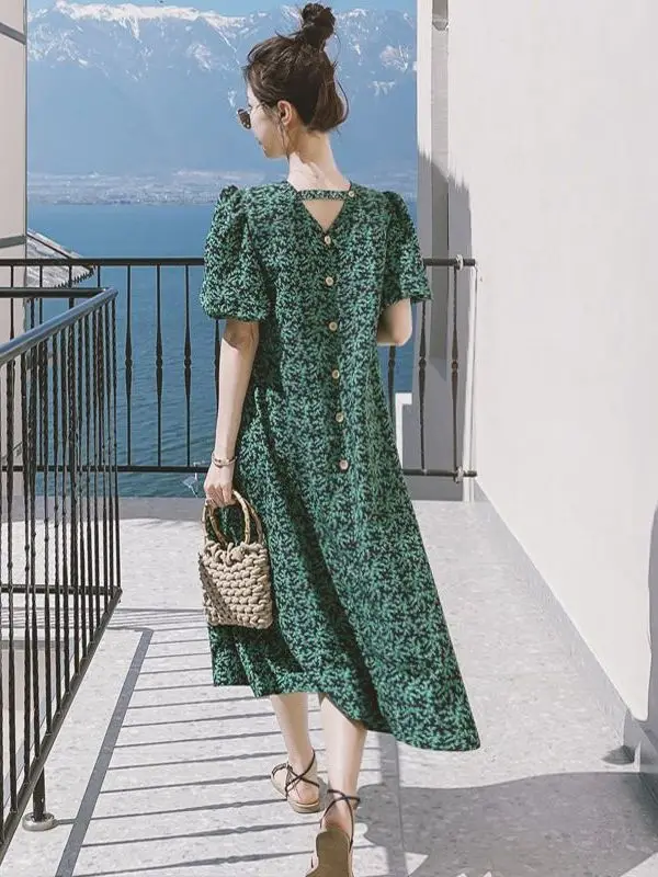 

plus Size Bubble Sleeve Dress Green Retro Short Sleeve Women's Loose Summer Tea Break Midi Dress for Heavy Sister 300 Pounds