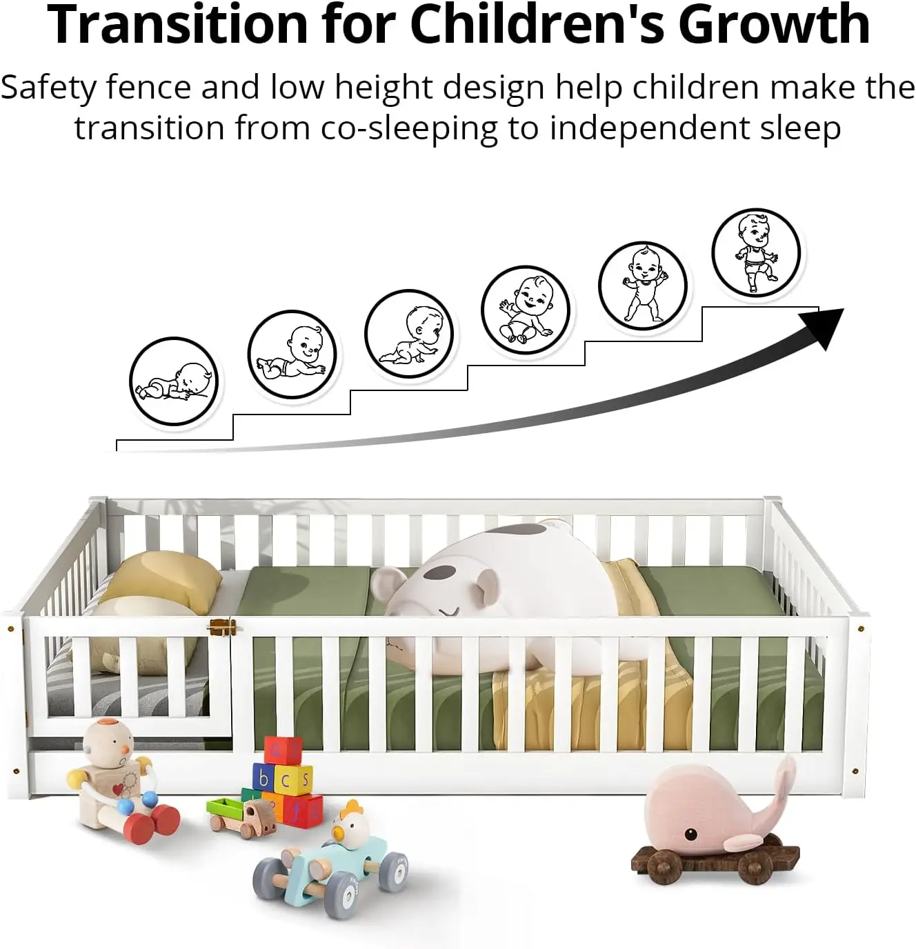 Cama de chão dupla para crianças, estrutura de cama montessori de madeira resistente com ripas de madeira, cerca alta e porta pequena, cama de chão montessori para