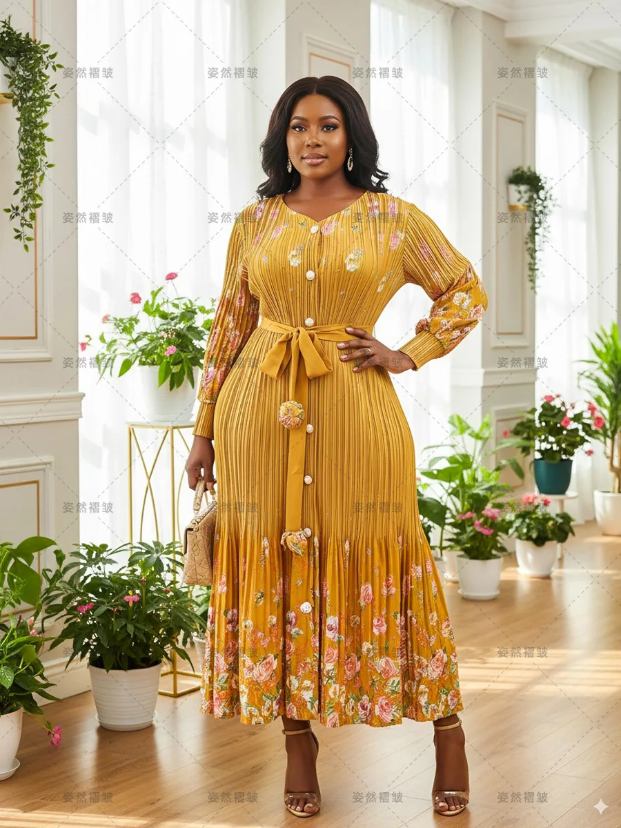 

Plus Size Chic Evening Long Sleeve Dresses For Women Miyake Pleated Print Dress Luxury Party Ball Gowns Fashion Female Clothing