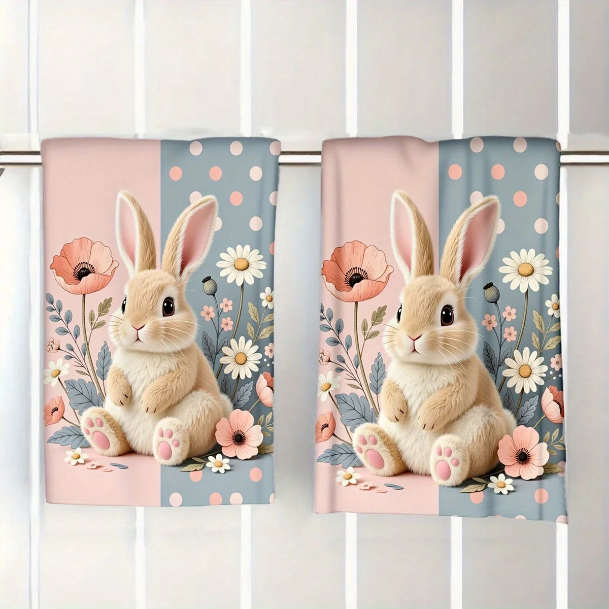 2-Pack of Cute Rabbit Floral Design Kitchen Towels, 100% Microfiber Knit Fabric, Modern Rectangular Shape, Machine Washable, Ultra-Fine Weave, Cartoon-Themed Decorative Dish Towels, Perfect for Housewarming, Gifts for Mom and Friends