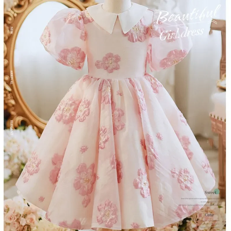 Elegant Girls Flower Puff Sleeve Dresses For Wedding Kids Formal Birthday Party Fairy Princess Cloth Children Embroider Vestidos