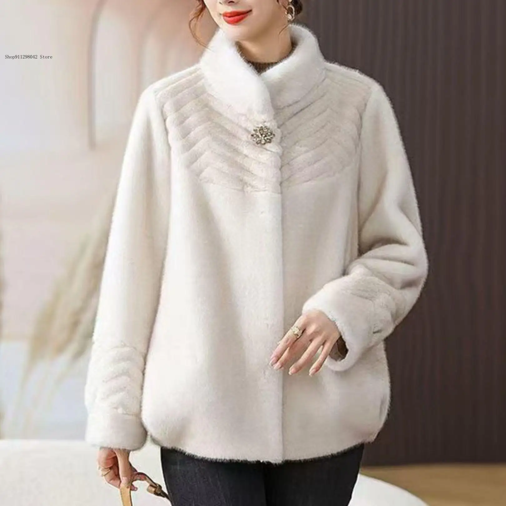 Spring and Autumn Winter Pure Color Fox Fur Grass Thickened Warm and Casual Versatile Coat for Women