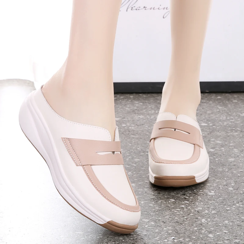 STRONGSHEN Summer Women Half Slippers Shoes Slip On Breathable Leather Shoes Woman Slides Outside Slippers Platform Wedges Shoes