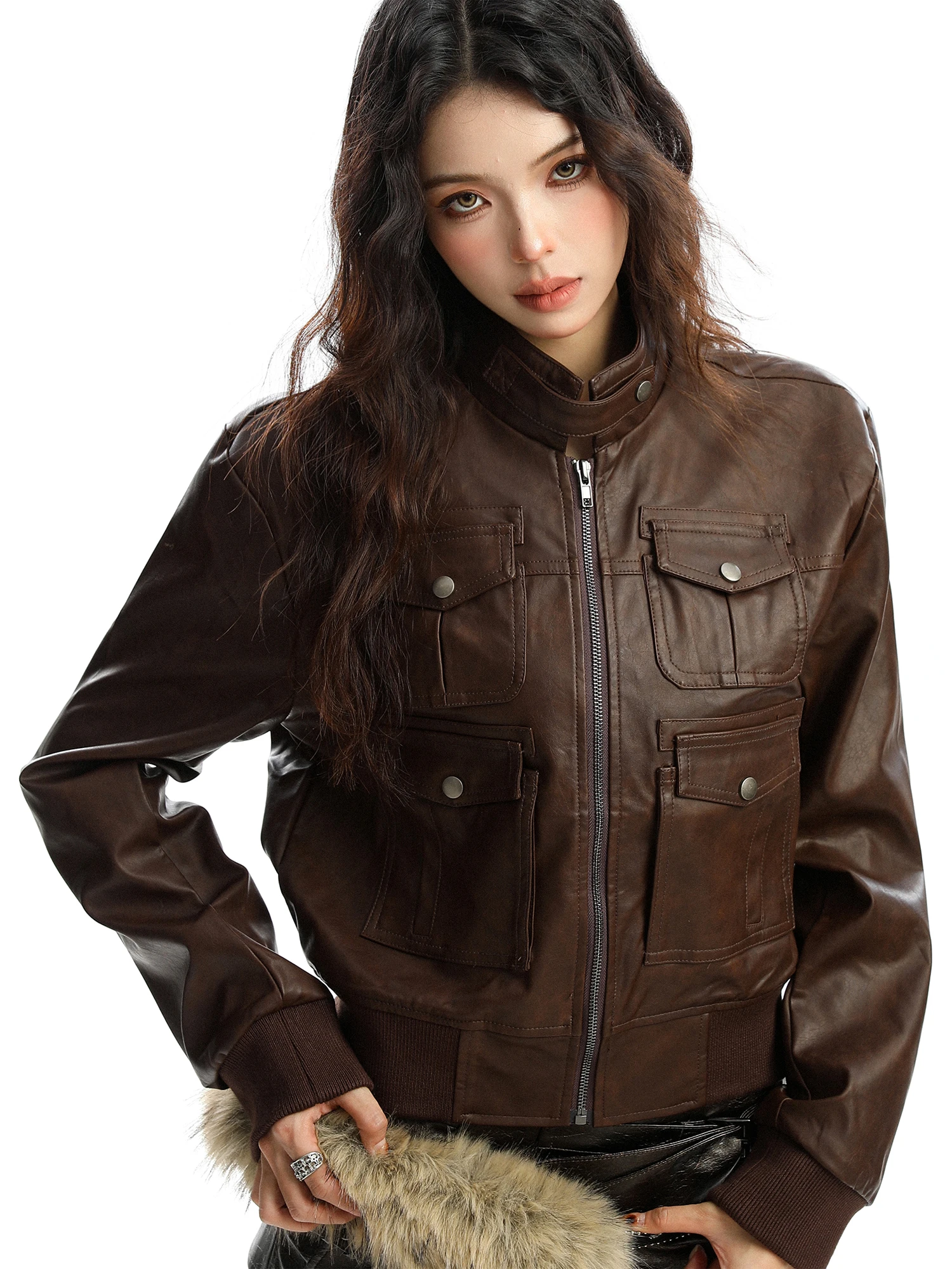 Biggold Unique Motorcycle Jaet Women's Autumn ort Sle Multiple kets Design Workwear Stand Collar Leather Coat