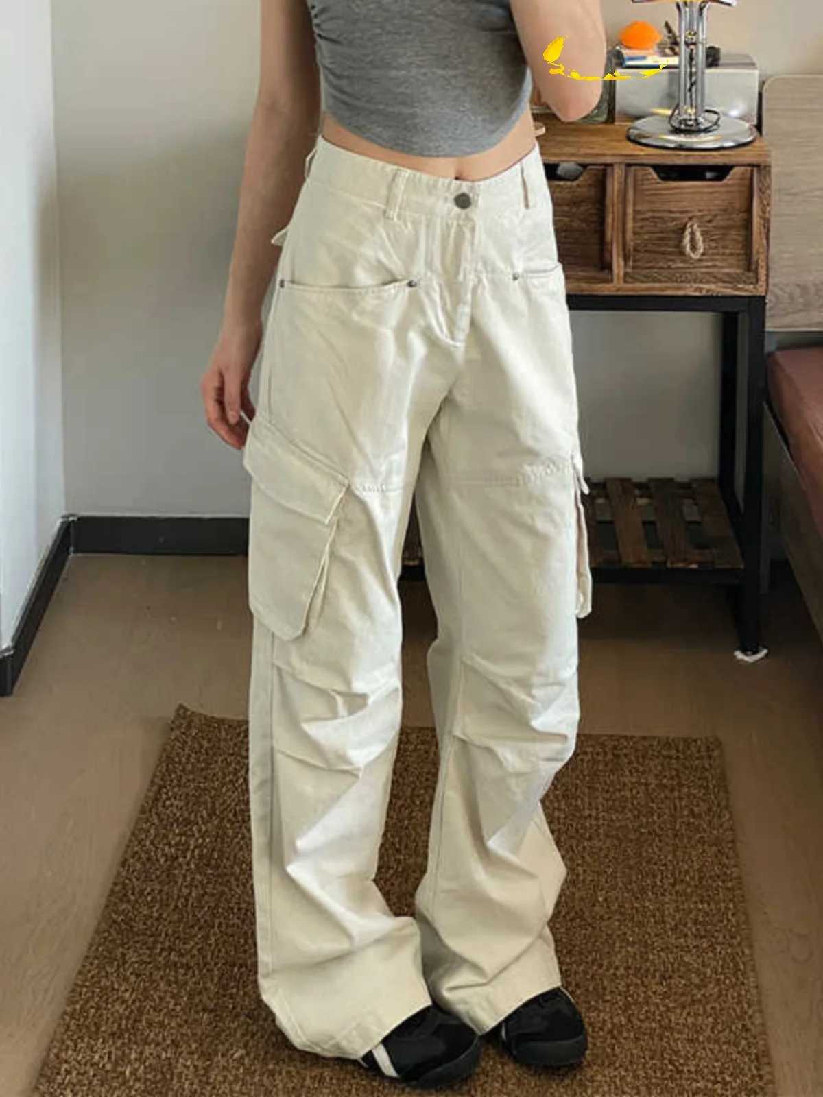 American Style Retro Khaki Work Pants Women's Loose Straight Leg Casual Trousers Autumn New Arrival Multi-Pocket Slimming