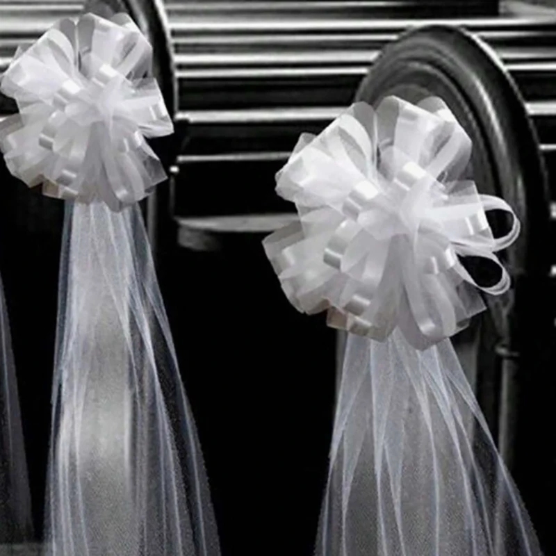 Chair and Church Wedding Pew Bows with Long Tulle Tails; Ornament for Ceremony Aisle and Bridal Car Decor view 2