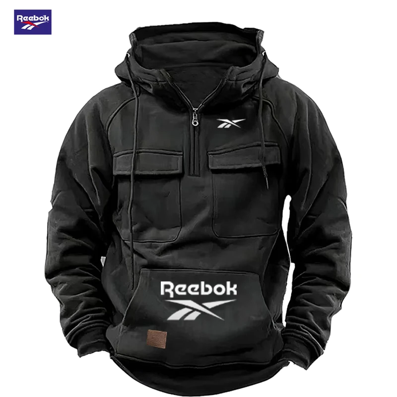 2026 Reebok Logo Multi-Pocket Design Hoodie - The Top Choice for Fashionable Autumn and Winter, a Semi-Zippered Hooded Comforta