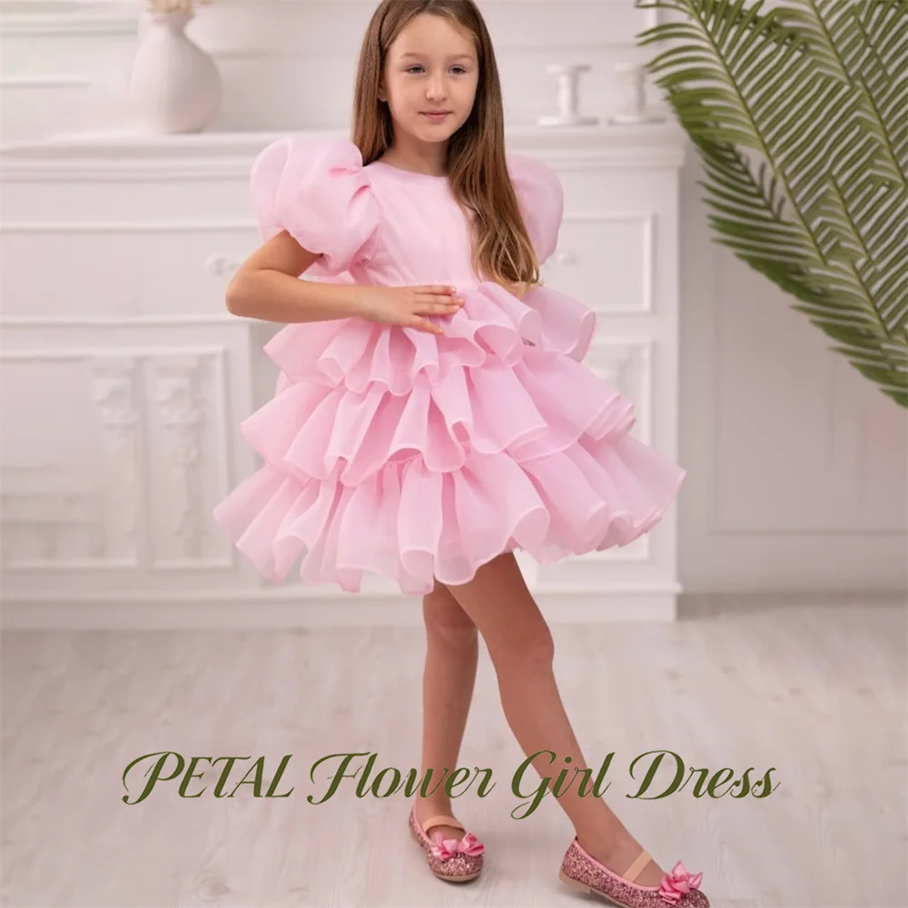 Petal Peach Pink Children Birthday Wedding Dresses with Layers First Communion Gown Puffed Sleeve Girls Princess Dress