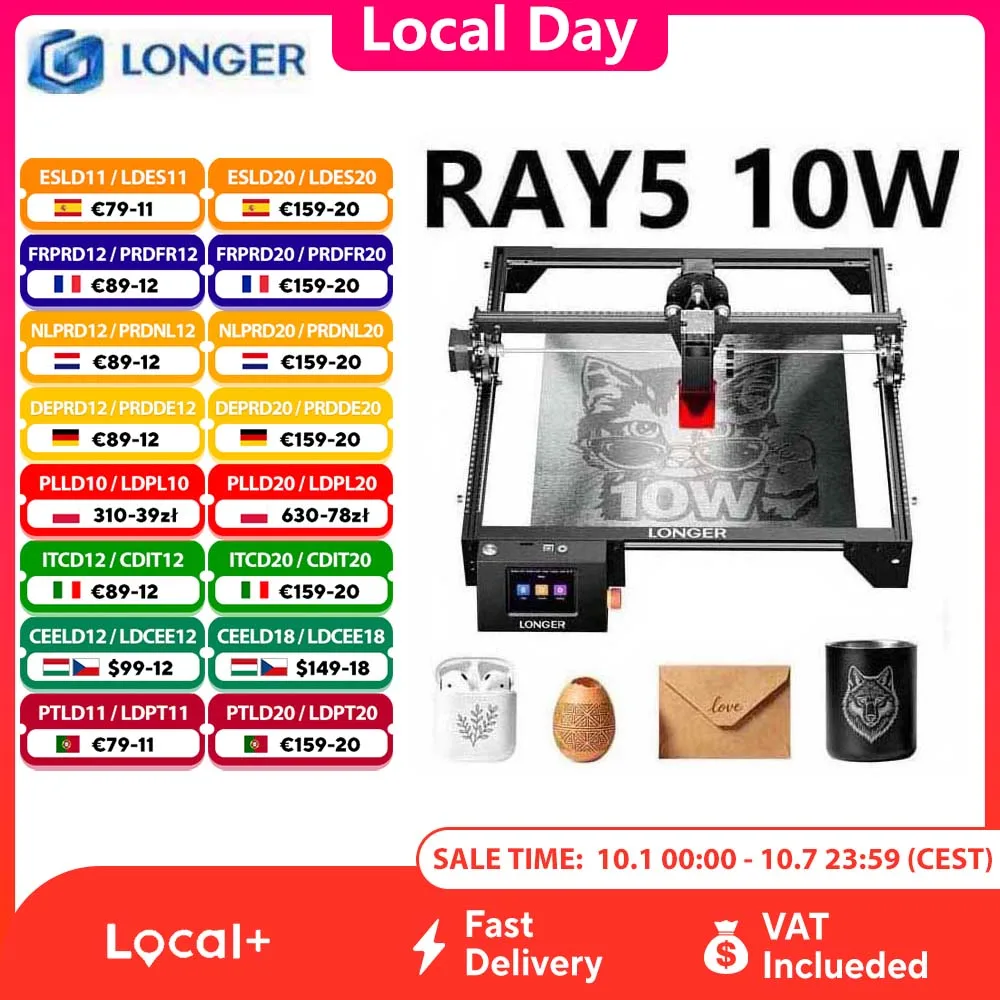 Grawerka laserowa LONGER RAY5 10W, punkt laserowy 0,06 x 0,06 mm, obszar roboczy 400 x 400 mm, chip 32-bitowy, ekran dotykowy, grawerowanie offline, przecinarka laserowa do drewna, akrylu, skóry i