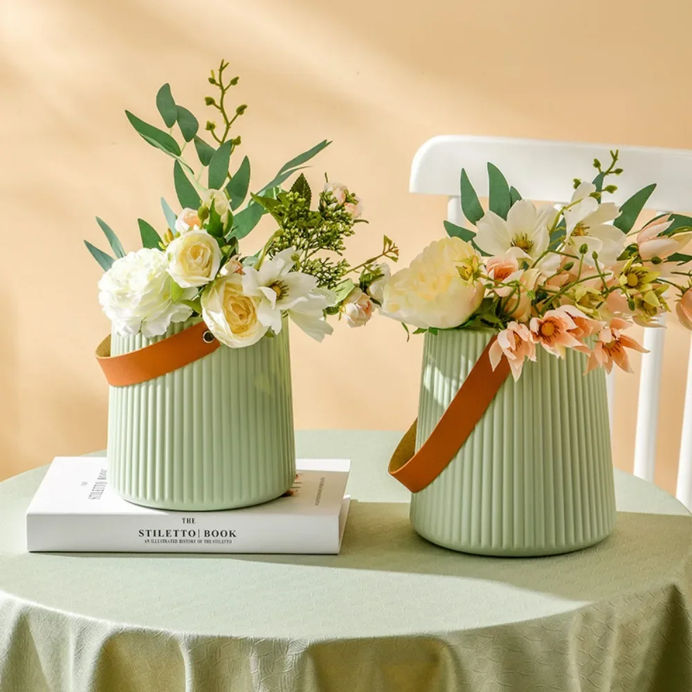 Leather Handle Flower Vase Fashion Anti Fall Plastic Flower Arrangement Nordic Style Modern Flower Pot Living Room
