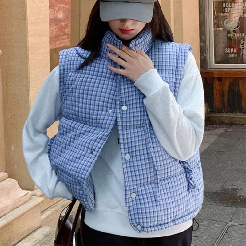 2025 가을 겨울 신상 블루 플래드 다운 코튼 베스트 여성 Y2K 한국 패션 슬리브리스 재킷 패딩 따뜻한 스탠드 칼라 조끼