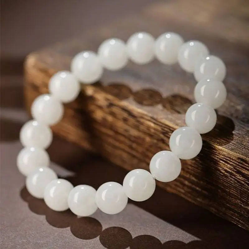 Natural Hetian White Men And Women, Round Bead Jade Bracelet Good Luck