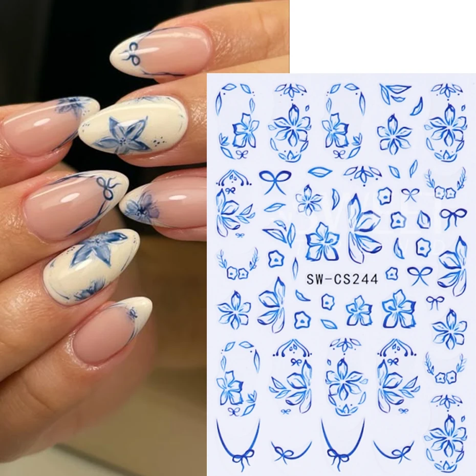 Autocollants pour ongles à fleurs bleues, 3 pièces, ligne française 3D, nœud floral, animaux de l'océan, étoile de mer, bricolage, décoration de manucure élégante pour printemps et été