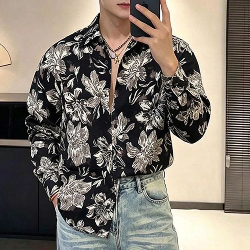 Mens Ink Painting Floral Print Shirt Summer Streetwear Fashion Thin Breath Artistic Oriental Dark Academia Daily Long Sleeve Top