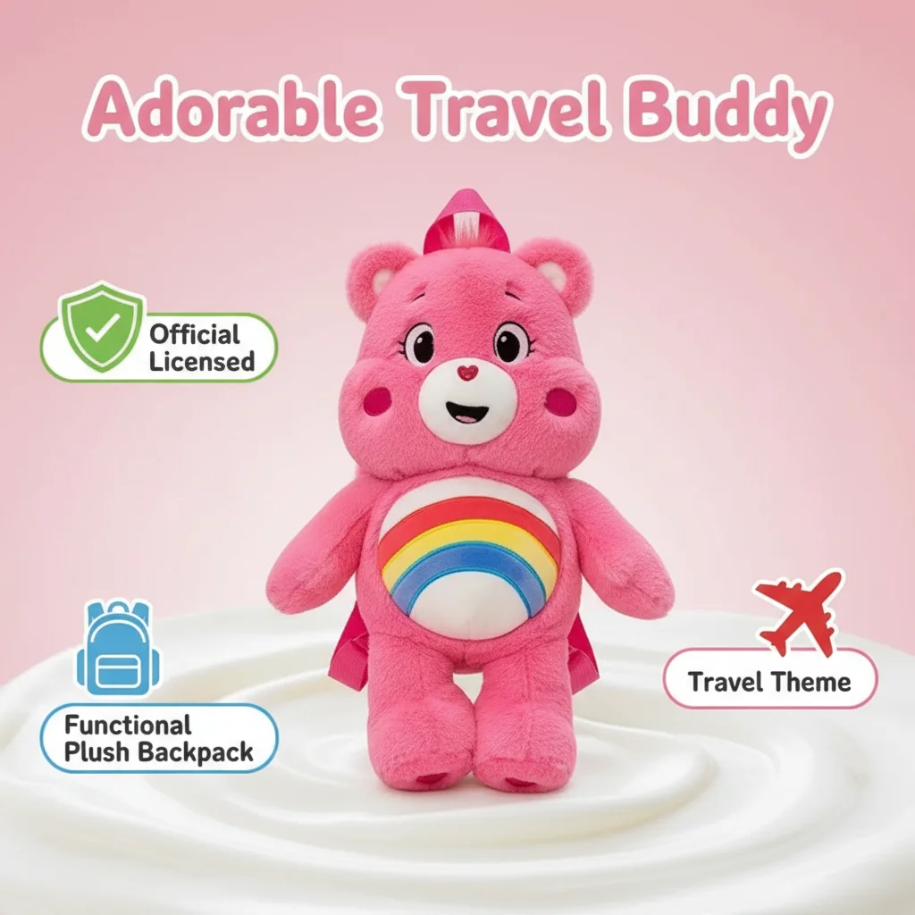 Zaino ufficiale Care Bears in peluche da 15,7 pollici - Simpatico peluche e zaino scolastico (viola/rosa/blu)