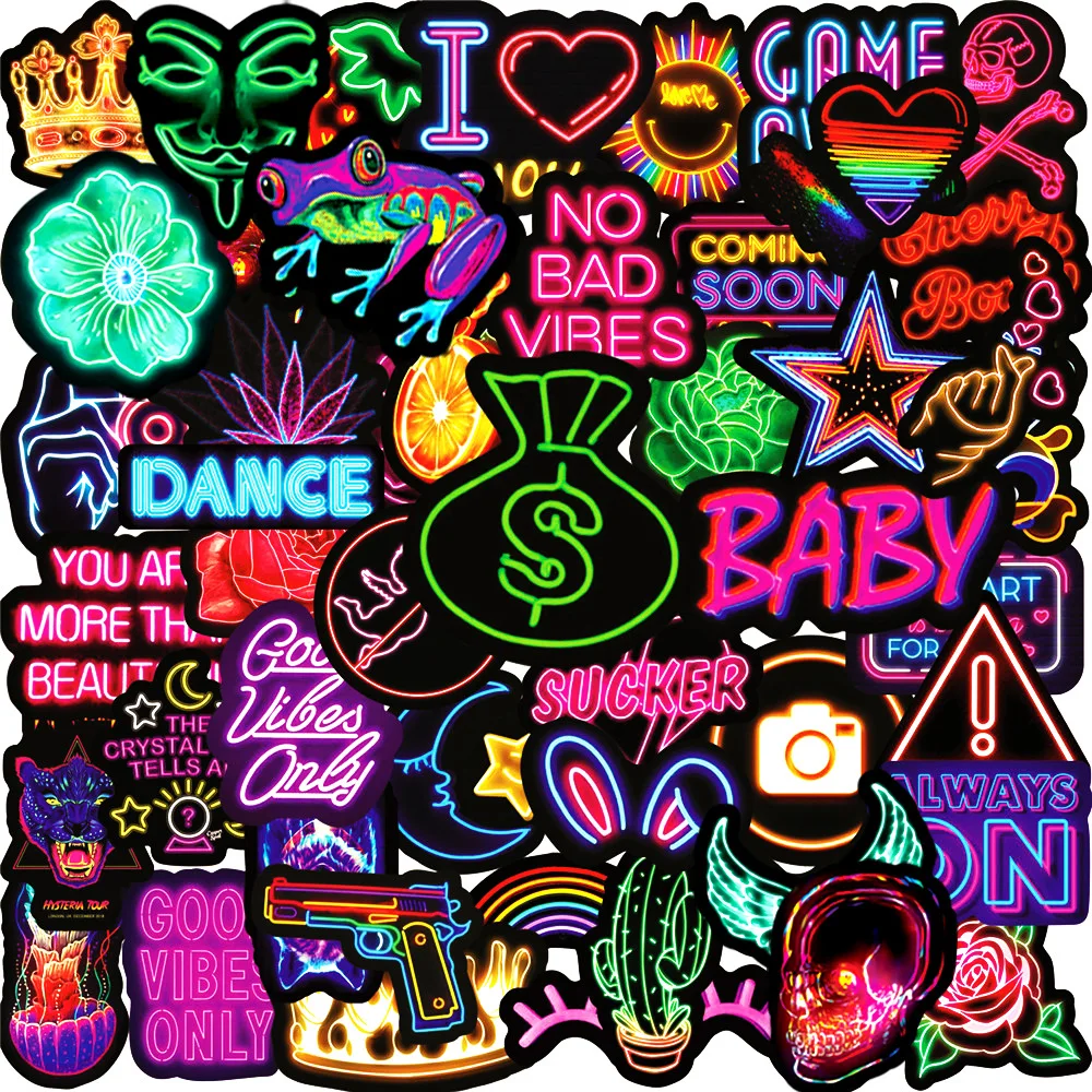 50pcs Colorful Ins Neon Series Graffiti Stickers Suitable for Helmet Desktop Wall Decoration DIY Sticker Pack with Storage Box