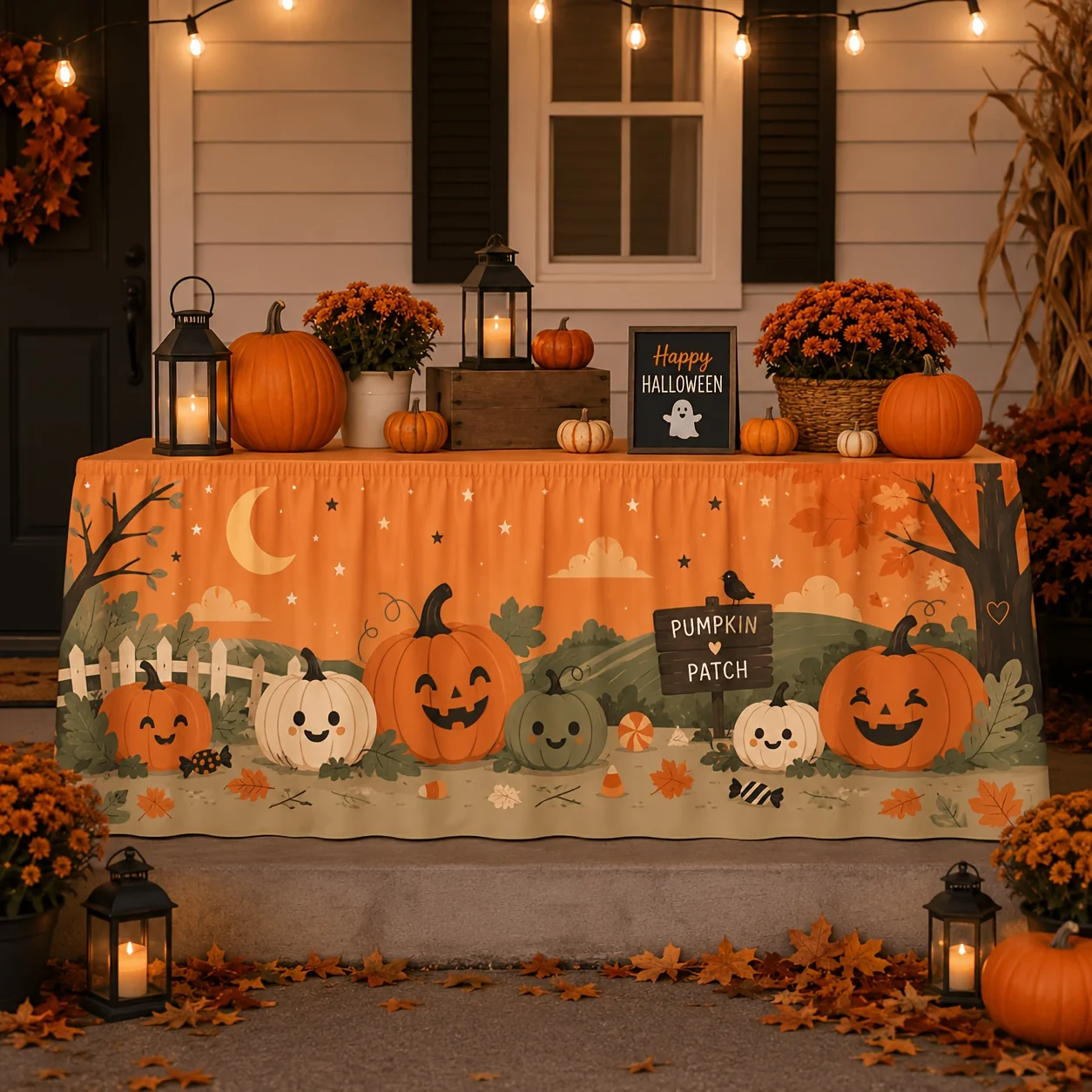 One table flag table skirt, cute pumpkin-themed Halloween table skirt, featuring smiling colorful pumpkins and crowszyc