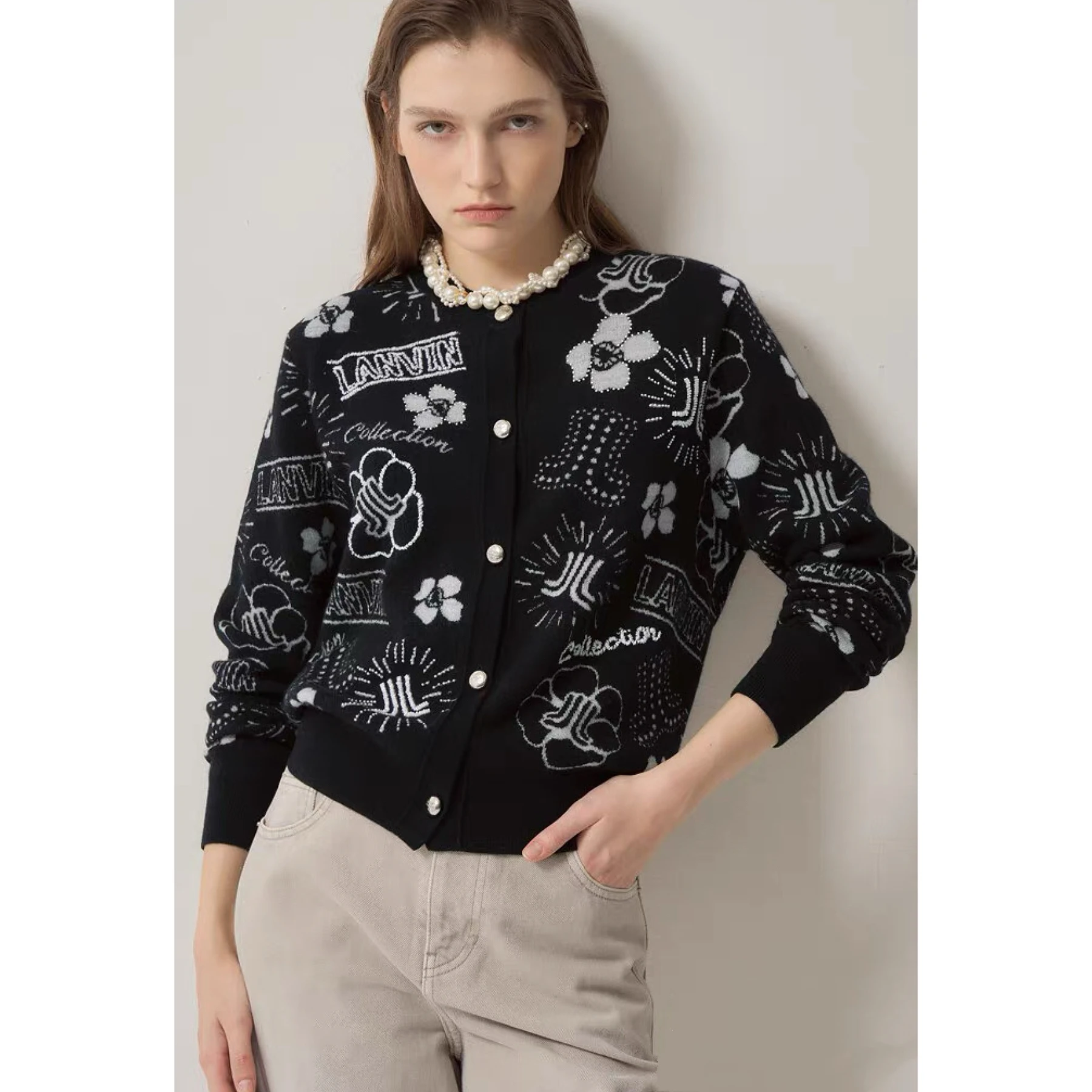 

Faionable Lemon Cheese LAN25 Autumn Woolen Knitted Cardigan Embroidered Beaded Versatile Long Sve round Ne Open Sle