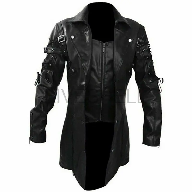 

2023 Mens Medieval Cosplay Steampunk Gothic Pu Leather Trench Coat Jacket Overcoat Motorcycle Casual Blazer Halloween Costume