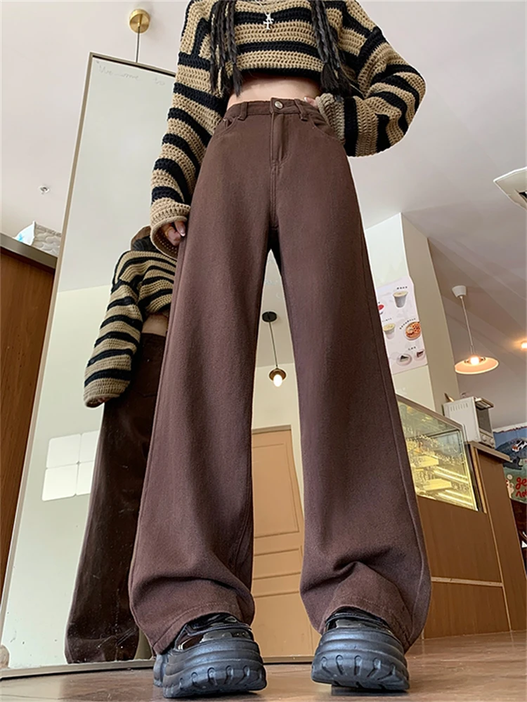 

Прямые джинсы с высокой талией, женские джинсы больших размеров, облегающие бедра, широкие длинные брюки, осенние новые брюки кофейного цвета